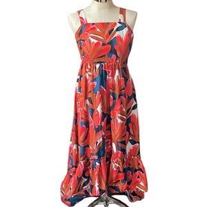 Who What Wear Red and Blue Floral Midi Dress medium high low hem